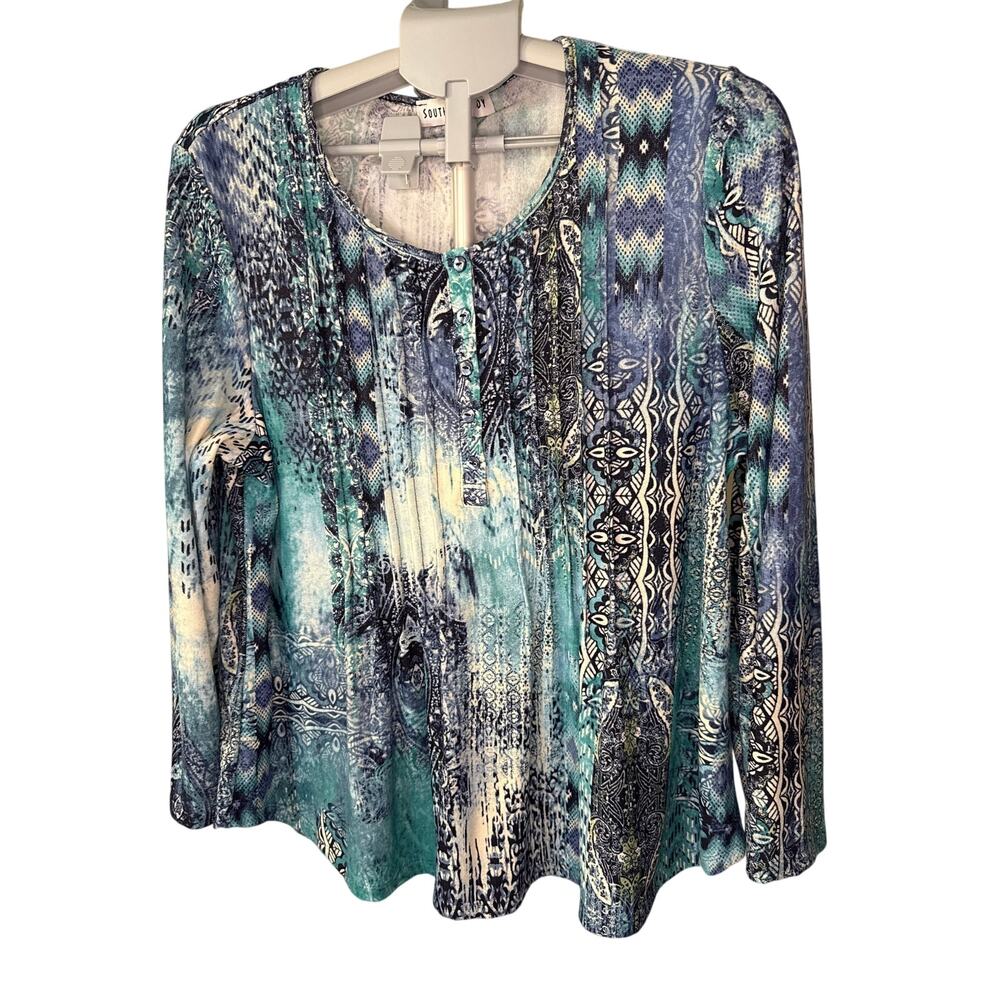 Southern Lady Long Sleeve Top with Blue Green and Black Pattern Petite Large